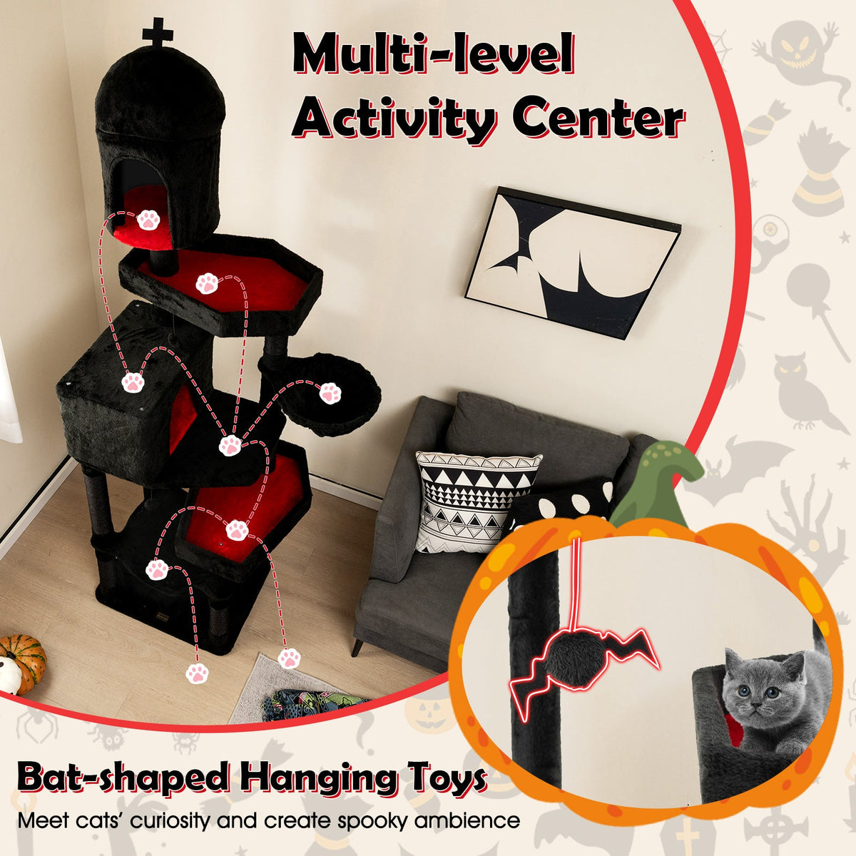 Gothic Cat Tree with 2 Cat Condos and Coffin Bed for Indoor Cats-Black