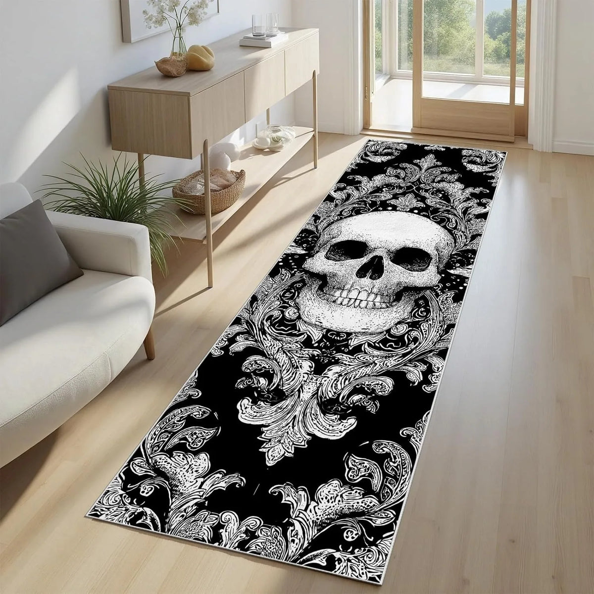 Skull Pattern Gothic Runner Rug Red Black Rose Decor Carpet Soft Non-Slip Art Home Decor Mat for Hallway Living Room Bedside