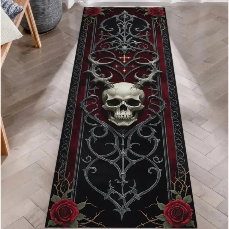 Skull Pattern Gothic Runner Rug Red Black Rose Decor Carpet Soft Non-Slip Art Home Decor Mat for Hallway Living Room Bedside